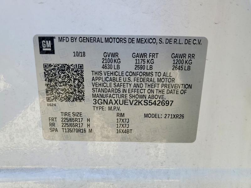61016166 :رقم المزاد ، 3GNAXUEV2KS542697 vin ، 2019 Chevrolet Equinox مزاد بيع