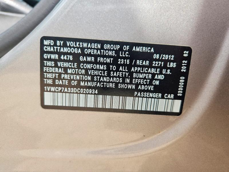 60251276 :رقم المزاد ، 1VWCP7A33DC020934 vin ، 2013 Volkswagen Passat مزاد بيع