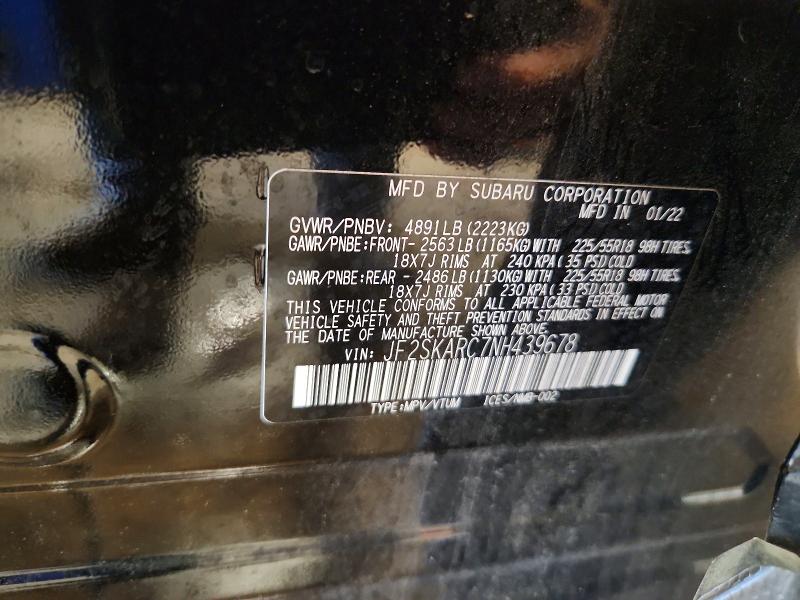 2022 Subaru Forester მანქანა იყიდება აუქციონზე, vin: JF2SKARC7NH439678, აუქციონის ნომერი: 60934436