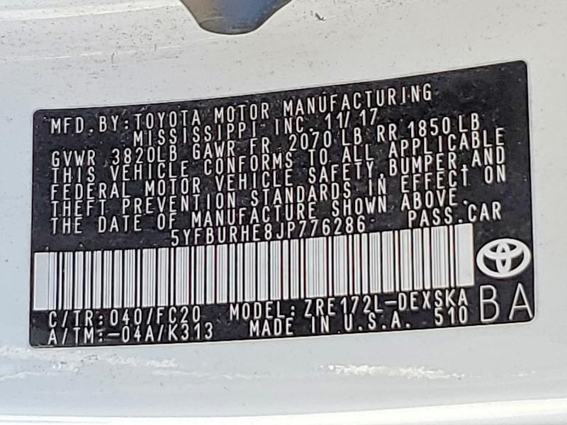 Aukcja sprzedaży 2018 Toyota Corolla, vin: 5YFBURHE8JP776286, numer aukcji: 59624696