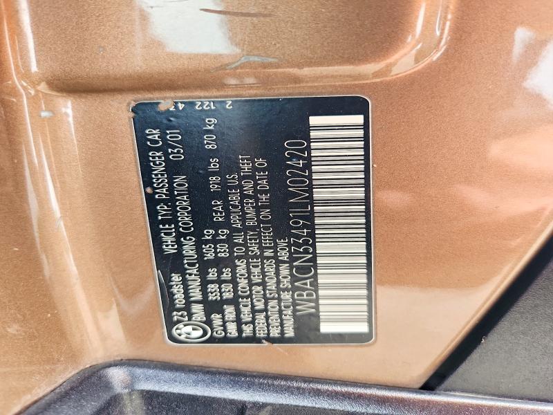 63172366 :رقم المزاد ، WBACN33491LM02420 vin ، 2001 Bmw Z3 مزاد بيع