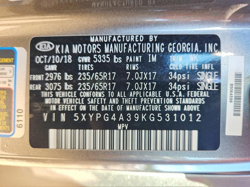 60327946 :رقم المزاد ، 5XYPG4A39KG531012 vin ، 2019 Kia Sorento مزاد بيع