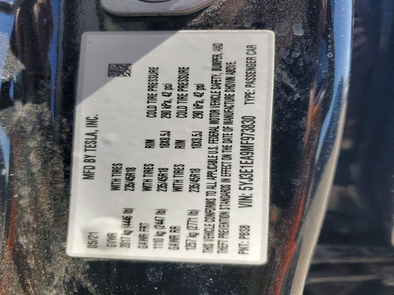 Aukcja sprzedaży 2021 Tesla Model 3, vin: 5YJ3E1EA9MF973830, numer aukcji: 59908376