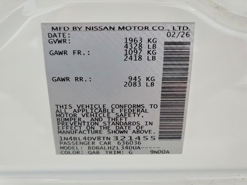 Продаж на аукціоні авто 2026 Nissan Altima, vin: 1N4BL4DV8TN321455, номер лоту: 62888996