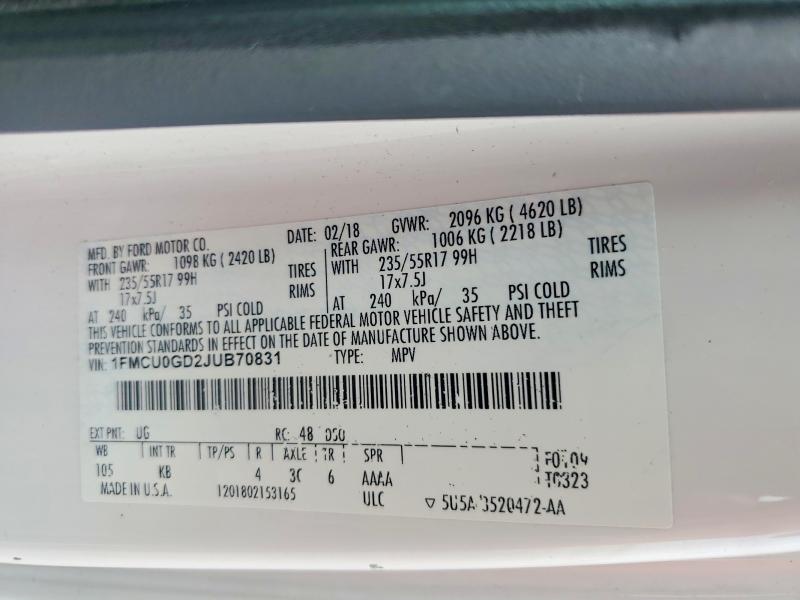 2018 Ford Escape მანქანა იყიდება აუქციონზე, vin: 1FMCU0GD2JUB70831, აუქციონის ნომერი: 62849726