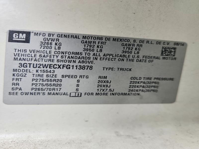 Продаж на аукціоні авто 2015 Gmc Sierra, vin: 3GTU2WECXFG113878, номер лоту: 62629666