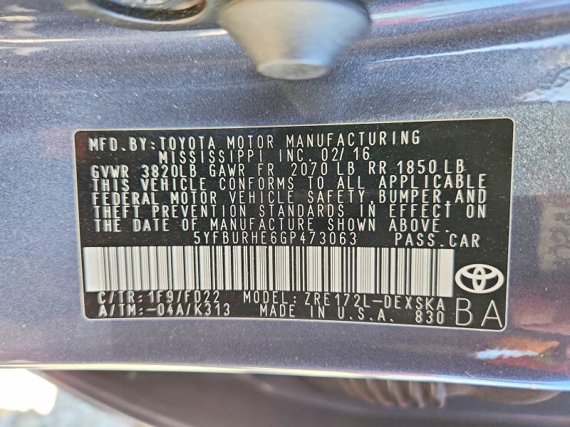 63413156 :رقم المزاد ، 5YFBURHE6GP473063 vin ، 2016 Toyota Corolla مزاد بيع