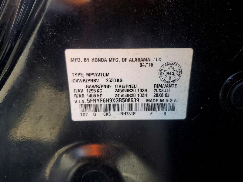 60867776 :رقم المزاد ، 5FNYF6H9XGB508639 vin ، 2016 Honda Pilot مزاد بيع