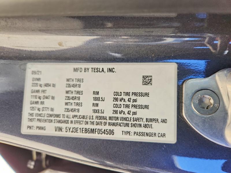 Продаж на аукціоні авто 2021 Tesla Model 3, vin: 5YJ3E1EB6MF054506, номер лоту: 62869956