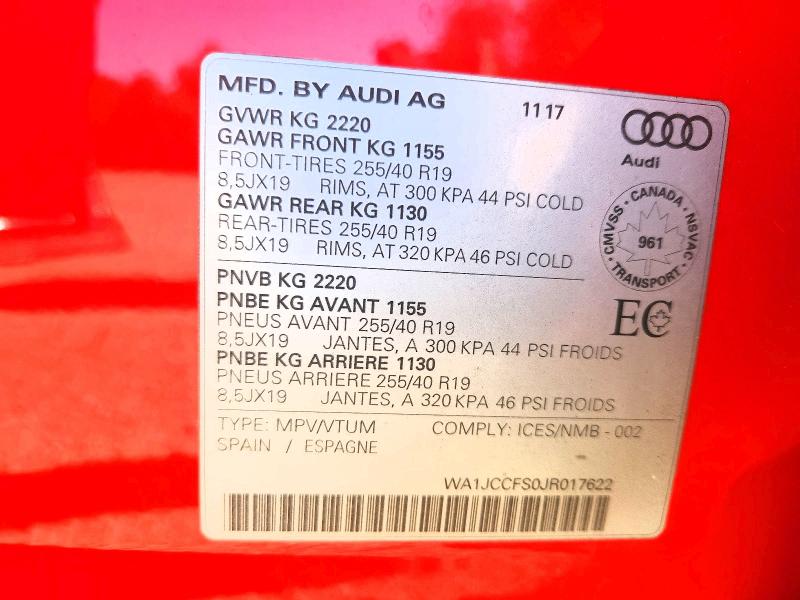 Aukcja sprzedaży 2018 Audi Q3, vin: WA1JCCFS0JR017622, numer aukcji: 61889136