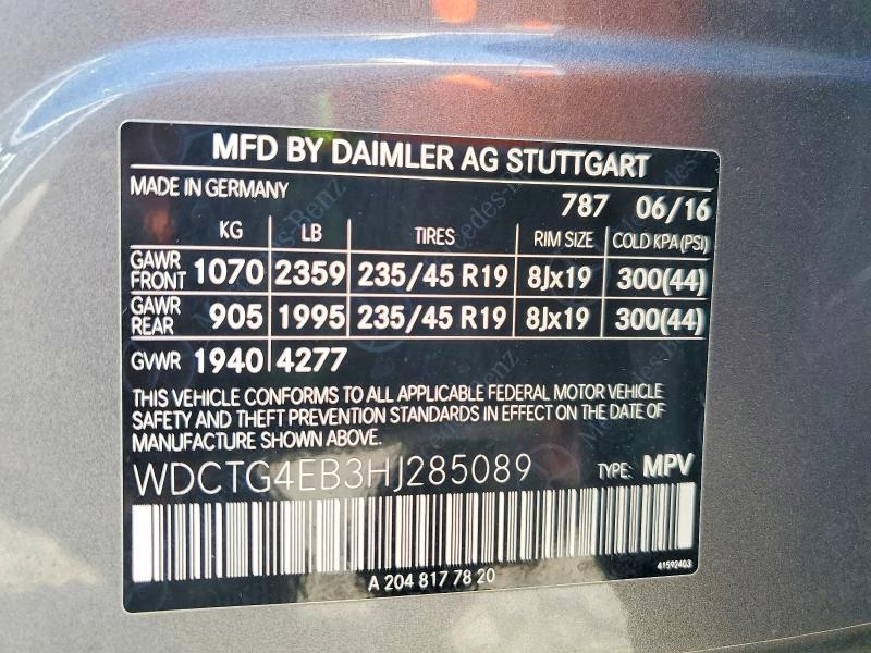 62079246 :رقم المزاد ، WDCTG4EB3HJ285089 vin ، 2017 Mercedes-benz Gla مزاد بيع