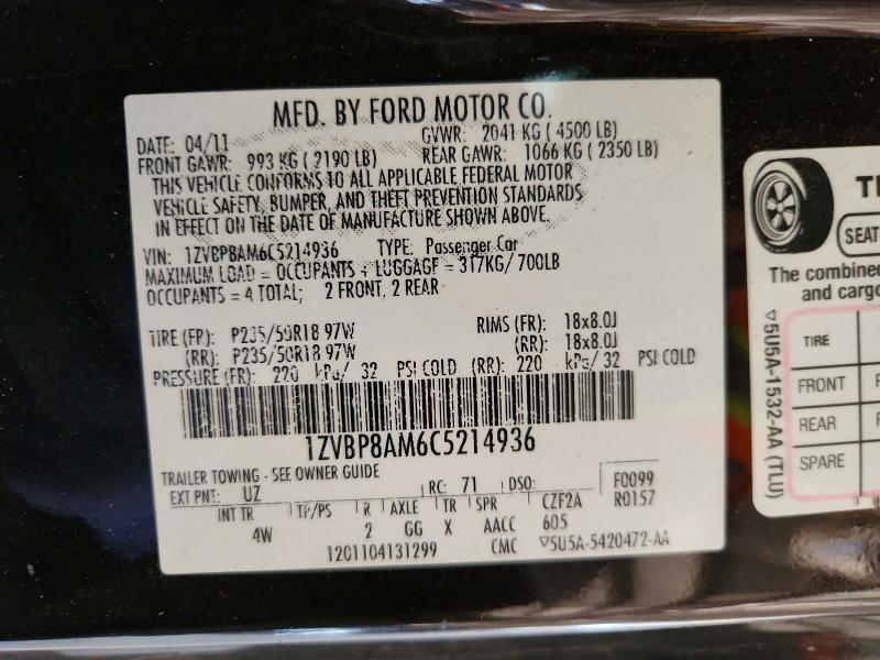 59887136 :رقم المزاد ، 1ZVBP8AM6C5214936 vin ، 2012 Ford Mustang مزاد بيع