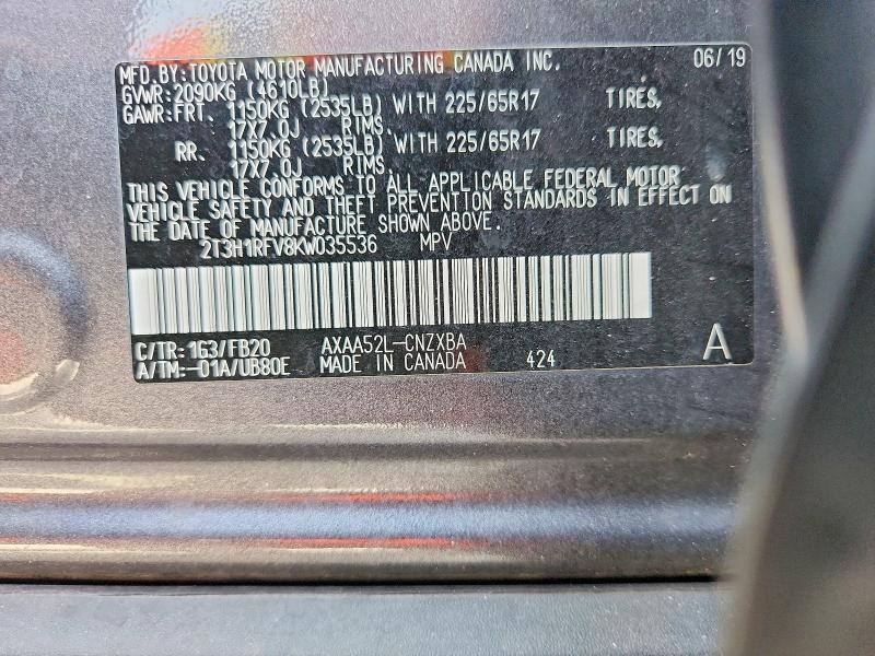 Aukcja sprzedaży 2019 Toyota Rav4, vin: 2T3H1RFV8KW035536, numer aukcji: 60424116
