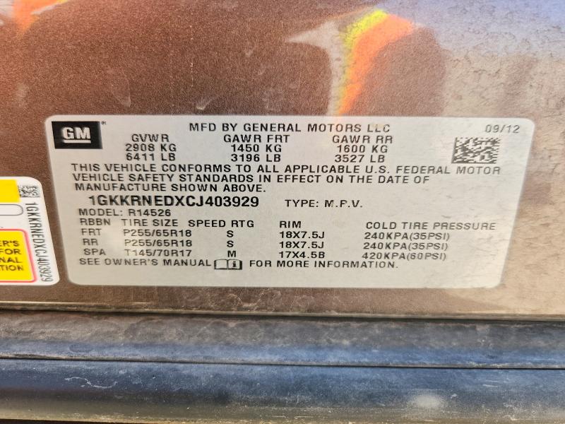 61545006 :رقم المزاد ، 1GKKRNEDXCJ403929 vin ، 2012 Gmc Acadia مزاد بيع