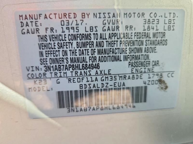 2017 Nissan Sentra მანქანა იყიდება აუქციონზე, vin: 3N1AB7AP8HL684946, აუქციონის ნომერი: 62909316