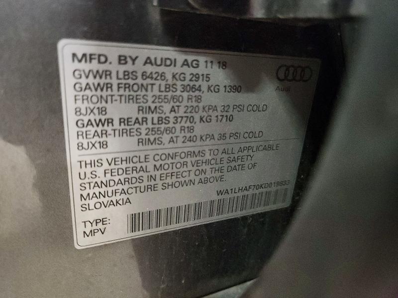 2019 Audi Q7 მანქანა იყიდება აუქციონზე, vin: WA1LHAF70KD019833, აუქციონის ნომერი: 62066176