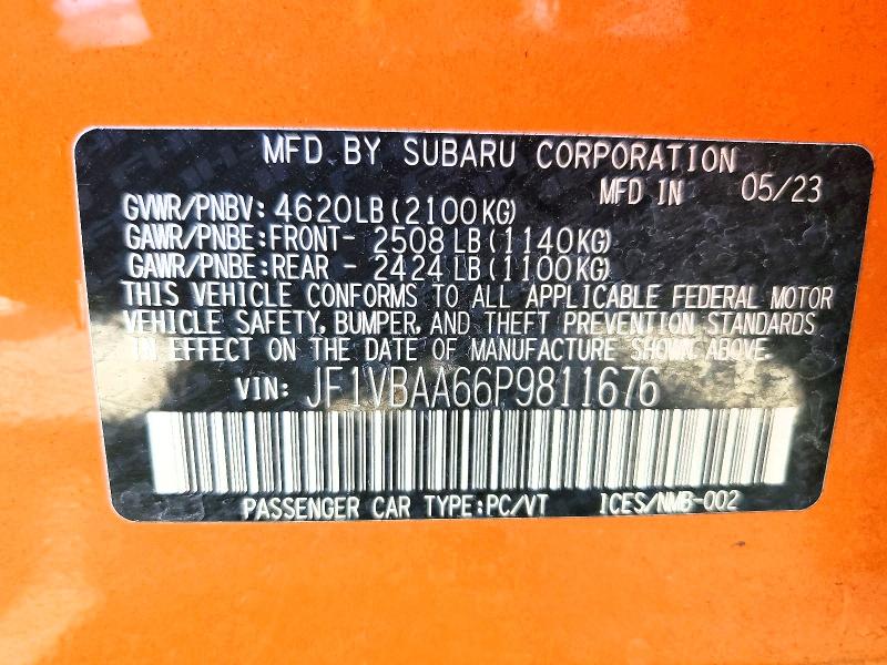 2023 Subaru Wrx მანქანა იყიდება აუქციონზე, vin: JF1VBAA66P9811676, აუქციონის ნომერი: 62870396
