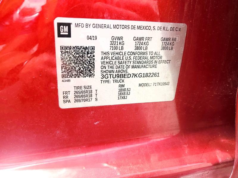 2019 Gmc Sierra მანქანა იყიდება აუქციონზე, vin: 3GTU9BED7KG182261, აუქციონის ნომერი: 61081126