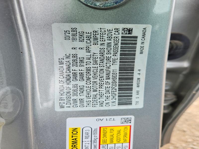 Продажа на аукционе авто 2025 Honda Civic, vin: 2HGFE2F20SH583511, номер лота: 60478706