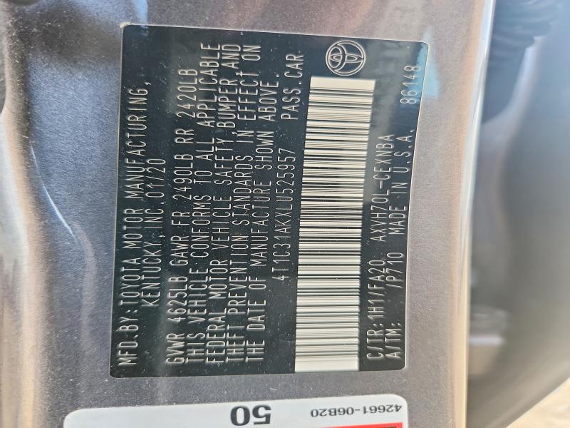 2020 Toyota Camry მანქანა იყიდება აუქციონზე, vin: 4T1C31AKXLU525957, აუქციონის ნომერი: 58827076
