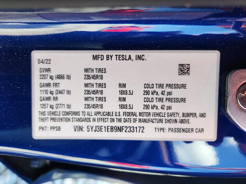 60357016 :رقم المزاد ، 5YJ3E1EB9NF233172 vin ، 2022 Tesla Model 3 مزاد بيع