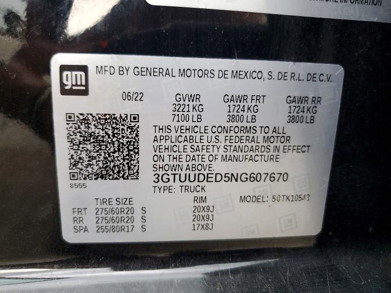 Aukcja sprzedaży 2022 Gmc Sierra, vin: 3GTUUDED5NG607670, numer aukcji: 61586946