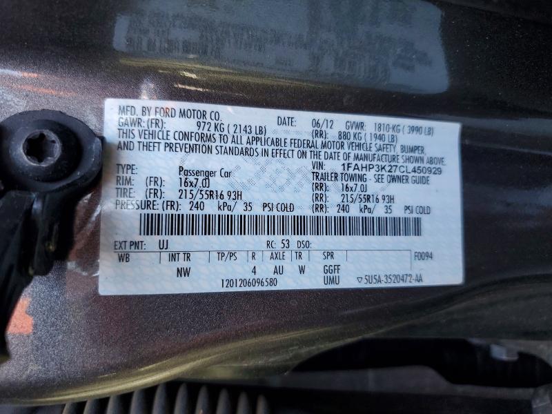 61060866 :رقم المزاد ، 1FAHP3K27CL450929 vin ، 2012 Ford Focus مزاد بيع