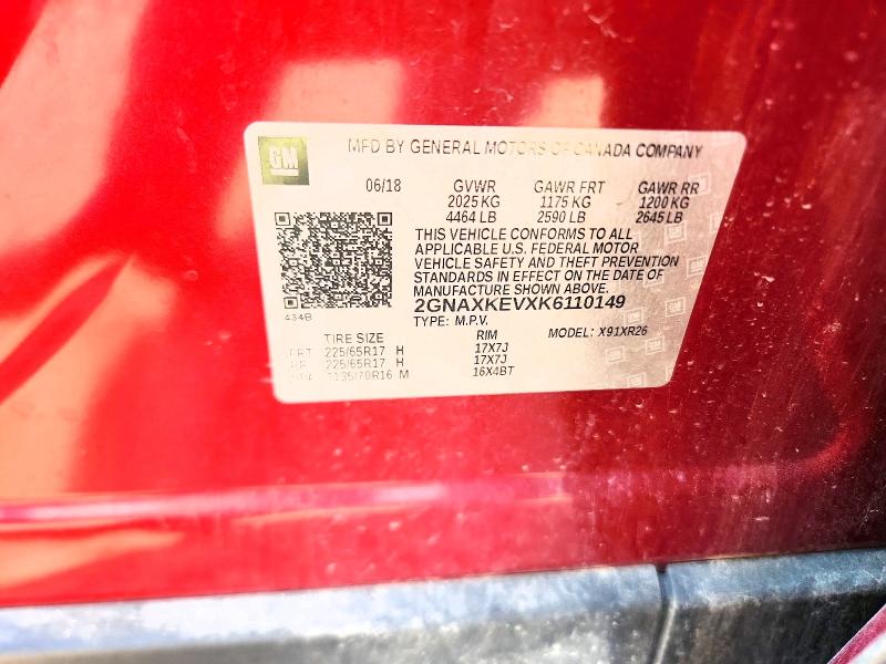 61157976 :رقم المزاد ، 2GNAXKEVXK6110149 vin ، 2019 Chevrolet Equinox مزاد بيع
