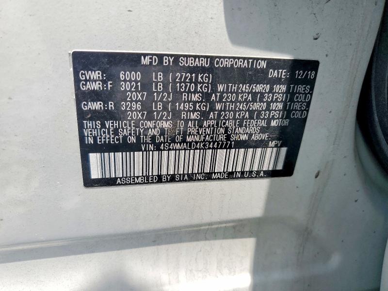 2019 Subaru Ascent მანქანა იყიდება აუქციონზე, vin: 4S4WMALD4K3447771, აუქციონის ნომერი: 59692926