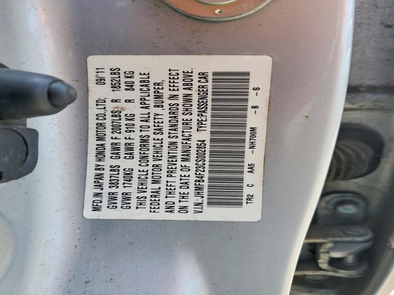 2012 Honda Civic მანქანა იყიდება აუქციონზე, vin: JHMFB4F23CS002854, აუქციონის ნომერი: 61548686