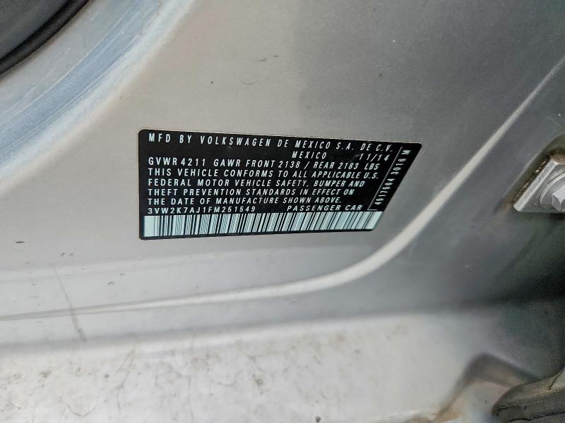2015 Volkswagen Jetta მანქანა იყიდება აუქციონზე, vin: 3VW2K7AJ1FM251549, აუქციონის ნომერი: 60080356