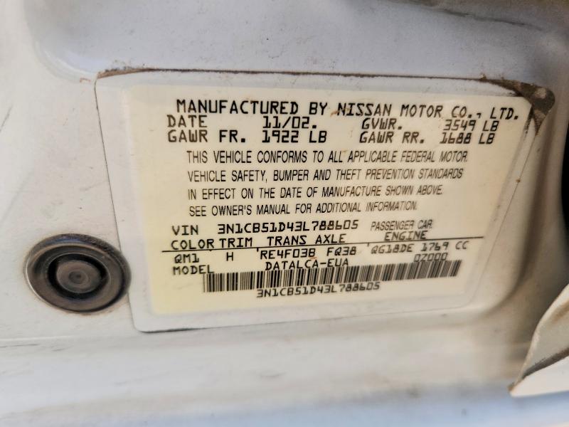 Aukcja sprzedaży 2003 Nissan Sentra, vin: 3N1CB51D43L788605, numer aukcji: 62710916