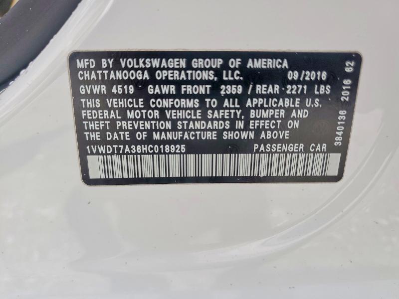 61491886 :رقم المزاد ، 1VWDT7A36HC018925 vin ، 2017 Volkswagen Passat مزاد بيع