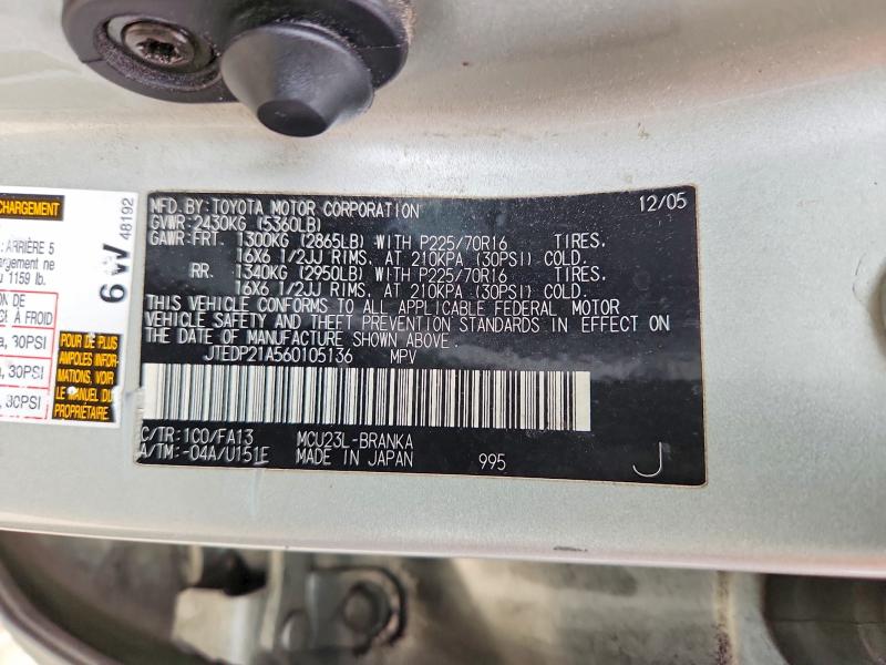 Aukcja sprzedaży 2006 Toyota Highlander, vin: JTEDP21A560105136, numer aukcji: 59727786