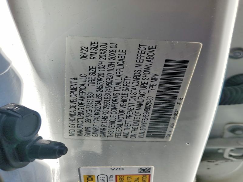 60578046 :رقم المزاد ، 5FNYF5H69NB028430 vin ، 2022 Honda Pilot مزاد بيع