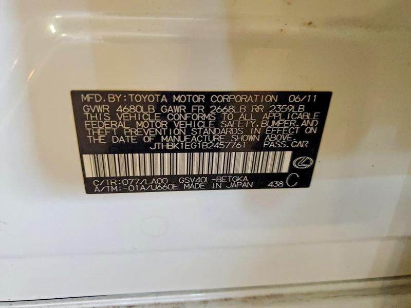 Aukcja sprzedaży 2011 Lexus Es, vin: JTHBK1EG1B2457761, numer aukcji: 61857566