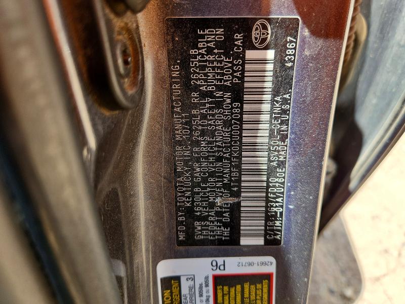 2012 Toyota Camry მანქანა იყიდება აუქციონზე, vin: 4T1BF1FK0CU007089, აუქციონის ნომერი: 61035136