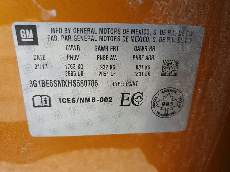 62252256 :رقم المزاد ، 3G1BE6SMXHS580786 vin ، 2017 Chevrolet Cruze مزاد بيع