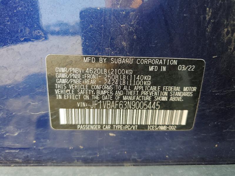 2022 Subaru Wrx მანქანა იყიდება აუქციონზე, vin: JF1VBAF63N9005445, აუქციონის ნომერი: 62517326