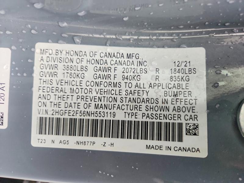 Продаж на аукціоні авто 2022 Honda Civic, vin: 2HGFE2F56NH553119, номер лоту: 85981595
