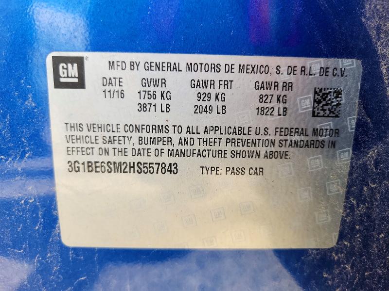 2017 Chevrolet Cruz Lt მანქანა იყიდება აუქციონზე, vin: 3G1BE6SM2HS557843, აუქციონის ნომერი: 62057276