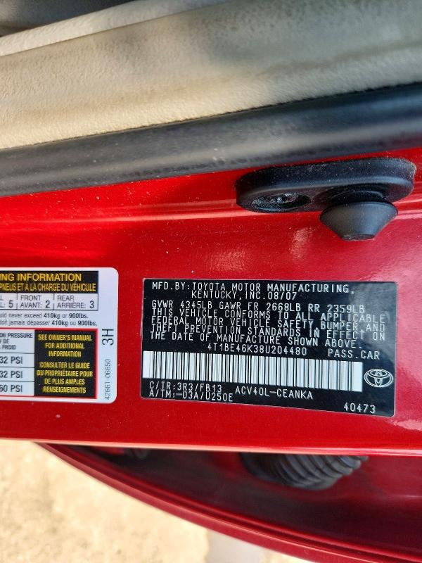 2008 Toyota Camry მანქანა იყიდება აუქციონზე, vin: 4T1BE46K38U204480, აუქციონის ნომერი: 60672876