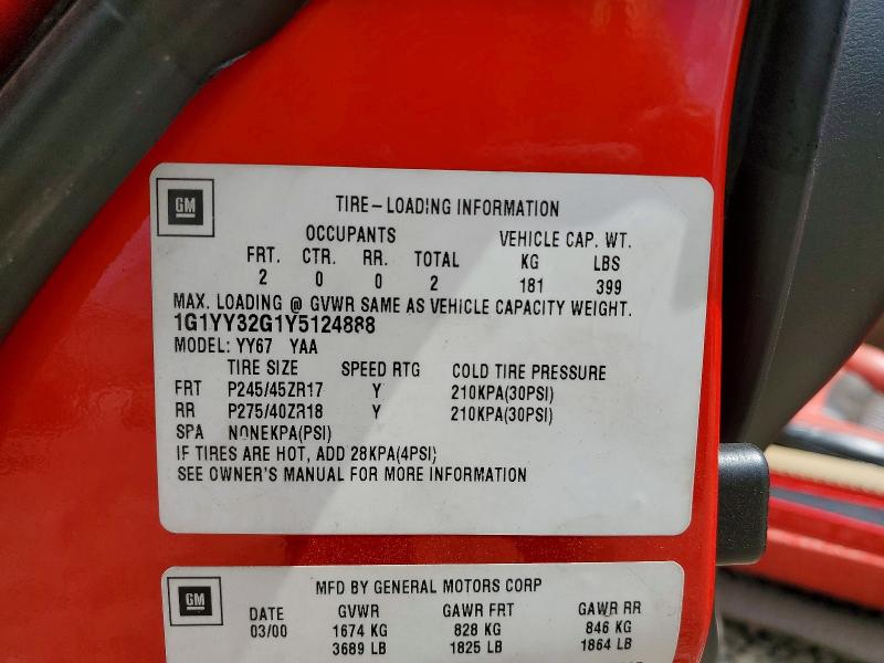 62155896 :رقم المزاد ، 1G1YY32G1Y5124888 vin ، 2000 Chevrolet Corvette مزاد بيع