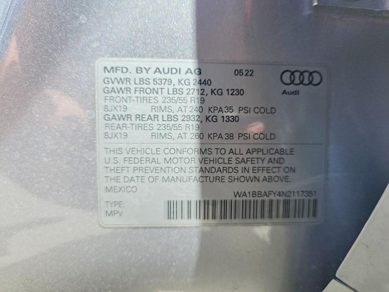 Auction sale of the 2022 Audi Q5, vin: WA1BBAFY4N2117351, lot number: 58847676