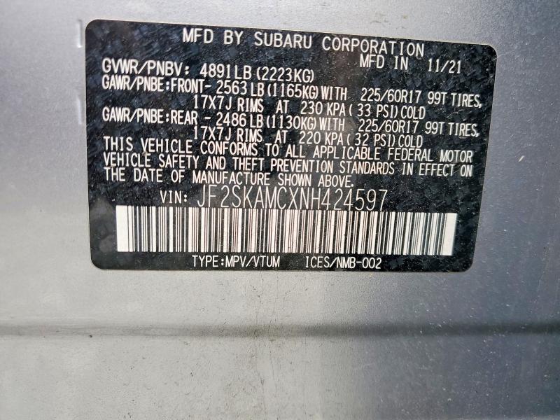 59577926 :رقم المزاد ، JF2SKAMCXNH424597 vin ، 2022 Subaru Forester مزاد بيع