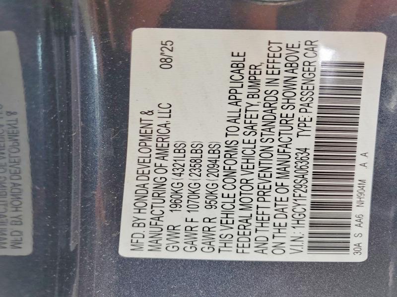 2025 Honda Accord მანქანა იყიდება აუქციონზე, vin: 1HGCY1F29SA063634, აუქციონის ნომერი: 59657986