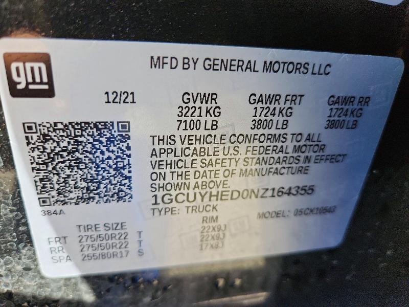 Auction sale of the 2022 Chevrolet Silverado Ltd, vin: 1GCUYHED0NZ164355, lot number: 56843136