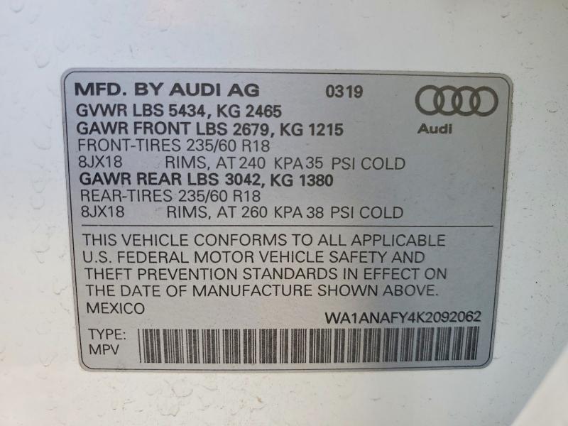 2019 Audi Q5 მანქანა იყიდება აუქციონზე, vin: WA1ANAFY4K2092062, აუქციონის ნომერი: 61416966