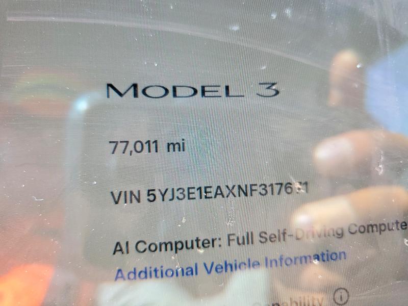 Aukcja sprzedaży 2022 Tesla Model 3, vin: 5YJ3E1EAXNF317671, numer aukcji: 62629636