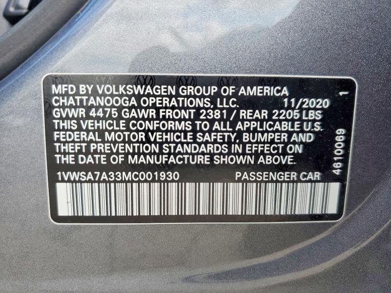 60749586 :رقم المزاد ، 1VWSA7A33MC001930 vin ، 2021 Volkswagen Passat مزاد بيع